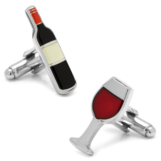 The Wine and Bottle Cufflinks by Cufflinks.com feature a silver-tone bottle with a blank label and a red wine-filled glass, making a fun, novelty set.