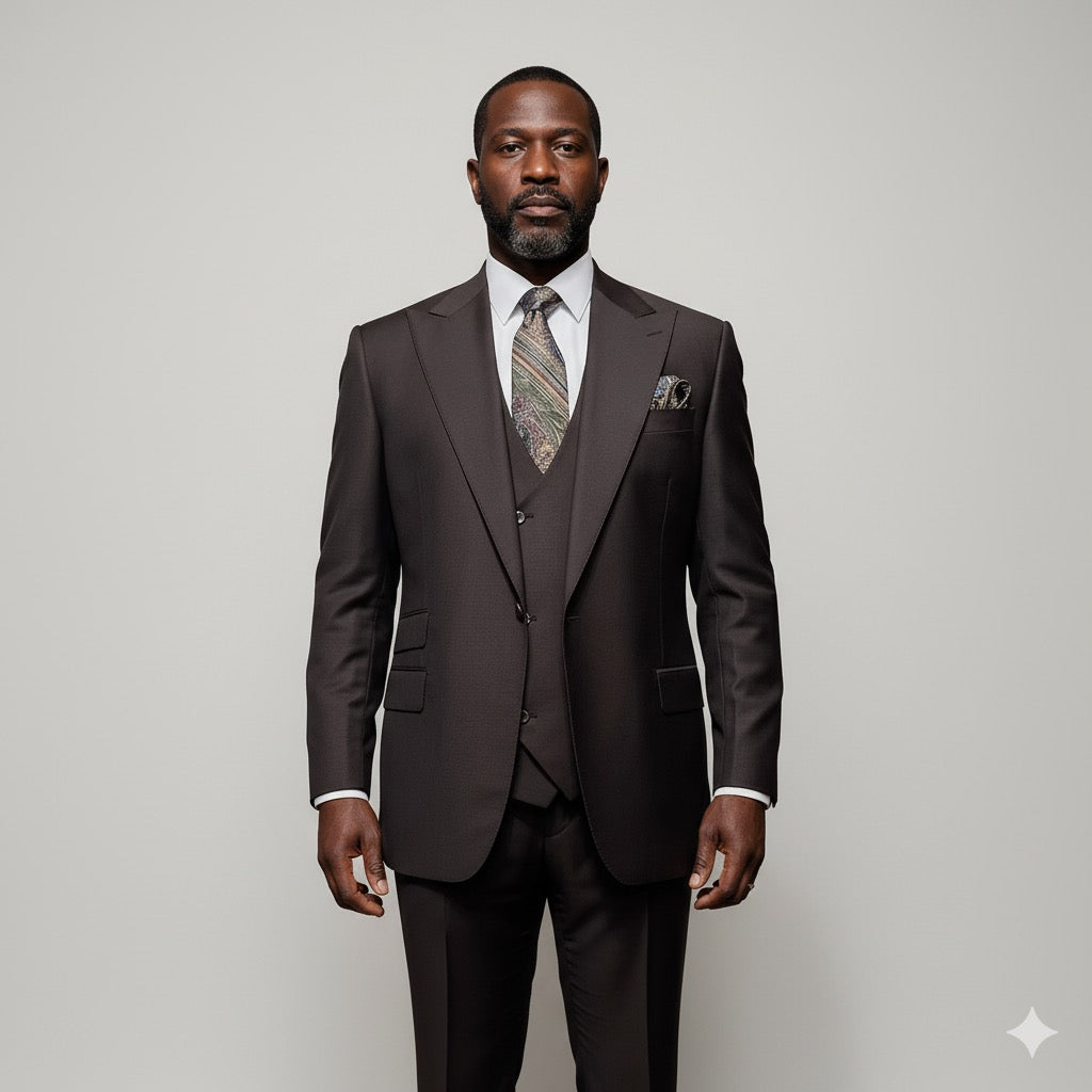 A mannequin dressed in a Tiglio Rosso Orvietto Solid Brown suit with a paisley tie stands on a wooden floor, complemented by brown curtains and a round floor lamp in the background. Expertly crafted from 100% wool, this single-pleat suit exemplifies the elegance of custom-made garments.