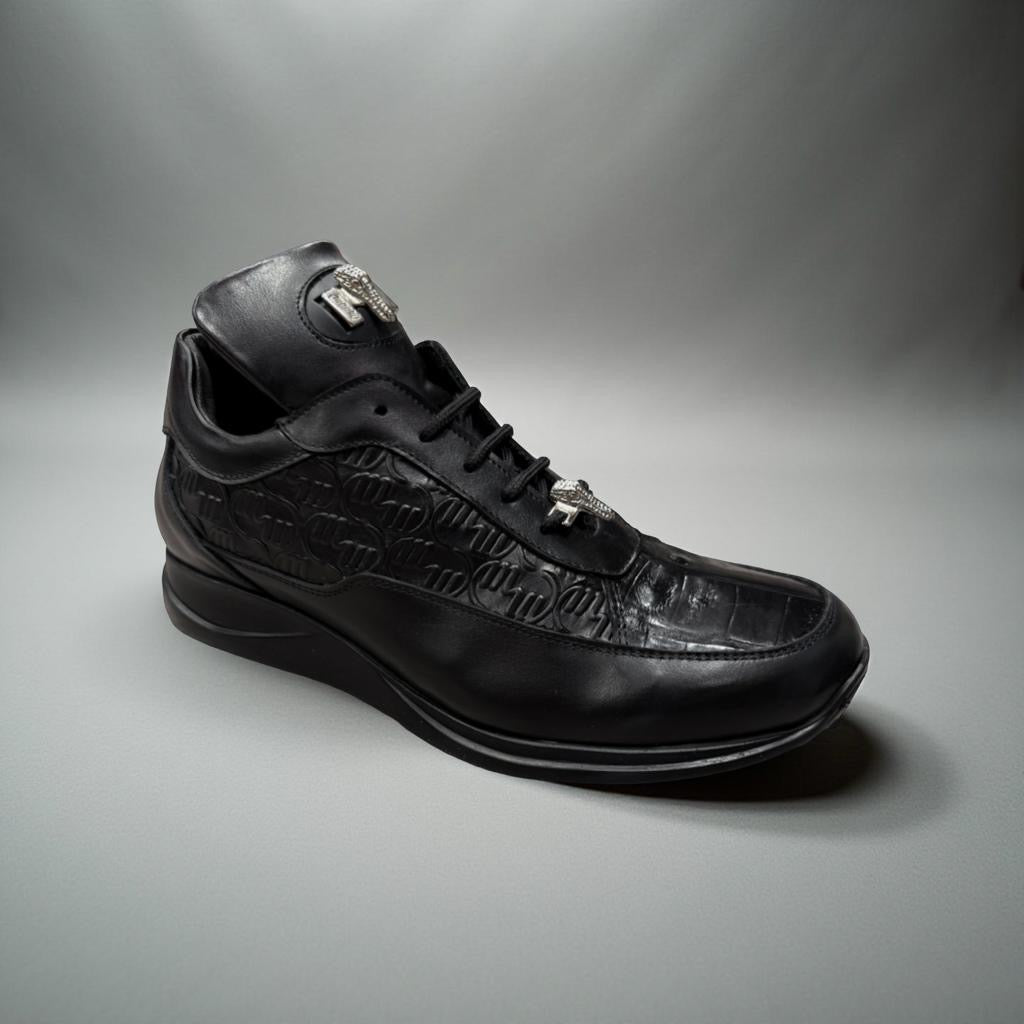 The Mauri 8900/2 Nappa Baby Croc Black Shoes feature black patent leather with textured baby crocodile side panels and metallic “M” and “T” lace accessories, showcased on a neutral background.