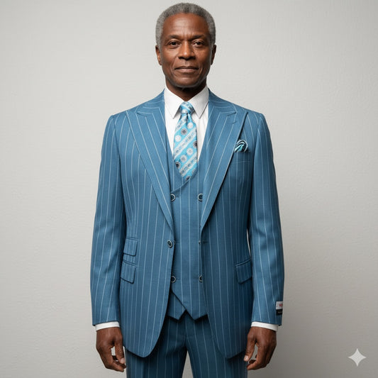 A mannequin wears a Tiglio Rosso Orvietto Teal Blue Grey Pinstripe TL6019 suit with matching patterned tie and pocket square, set against a concrete wall background.