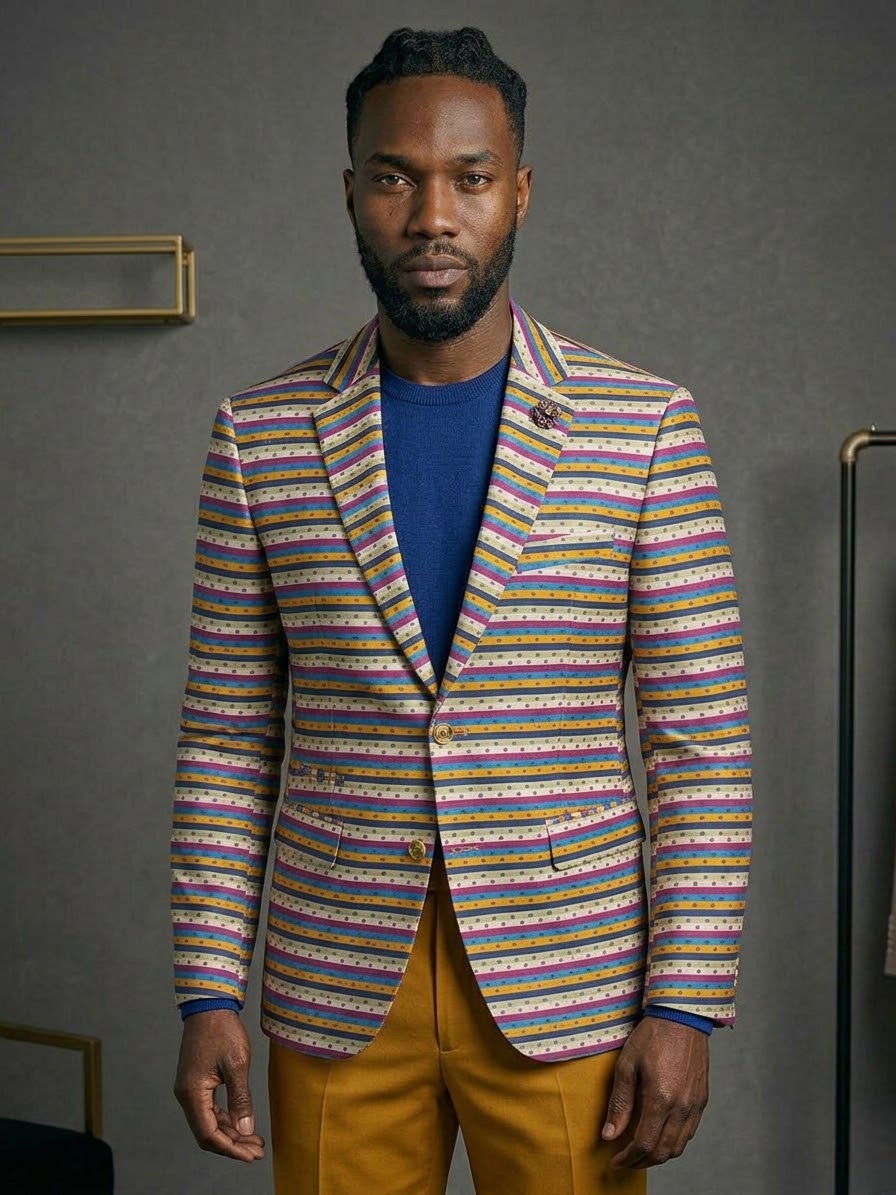 Man indoors modeling EJ SAMUEL’s Jacket 23 Size Large—colorful stripes, blue shirt, mustard pants. Final sale: no returns or exchanges.