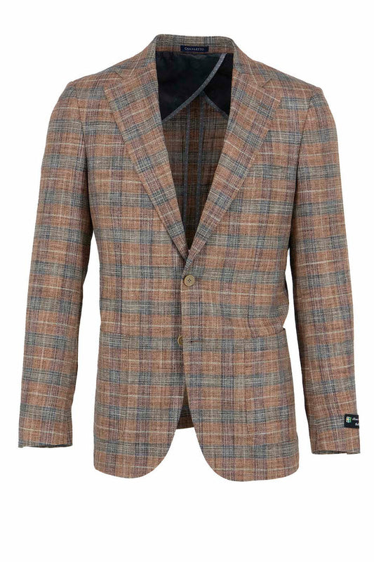 Crafted from Italian fabrics, the CANALETTO Canaletto Burnt Orange with Taupe Windowpane Veneto/THP Slim Fit Half Lined Bamboo Jacket CU2025195 features a single button closure and notched lapels, showcased beautifully against a white background.