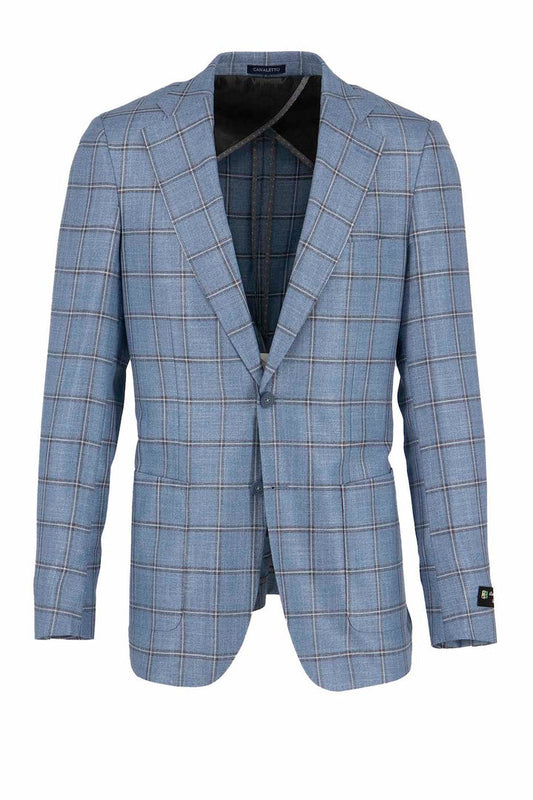 The CANALETTO Canaletto Sky Blue with Gray Windowpane Veneto/THP Slim Fit Half Lined Bamboo Jacket CU4743262 boasts a classic European style with its blue plaid design, notched lapel, and two-button closure, all made from premium Italian fabrics.