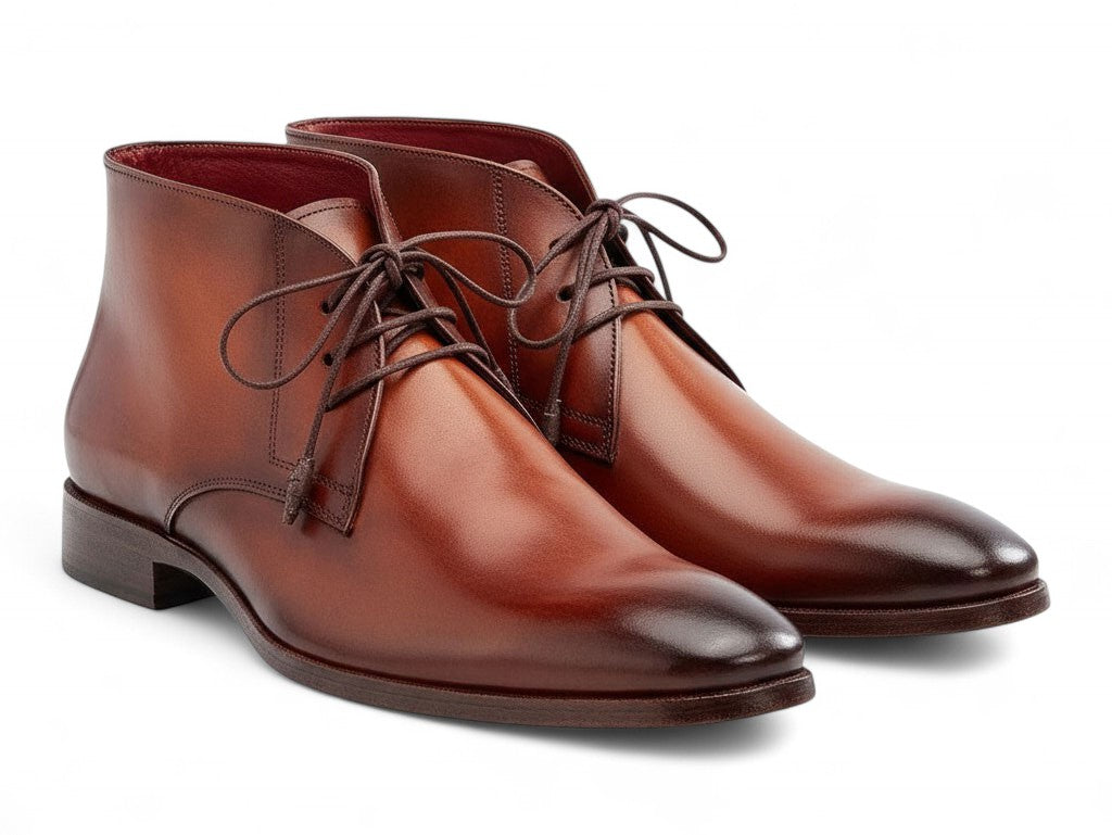 Paul Parkman Chukka Boots Camel & Brown - CK53BRW by Paul Parkman shown on a white background, with one boot upright and the other propped against it.