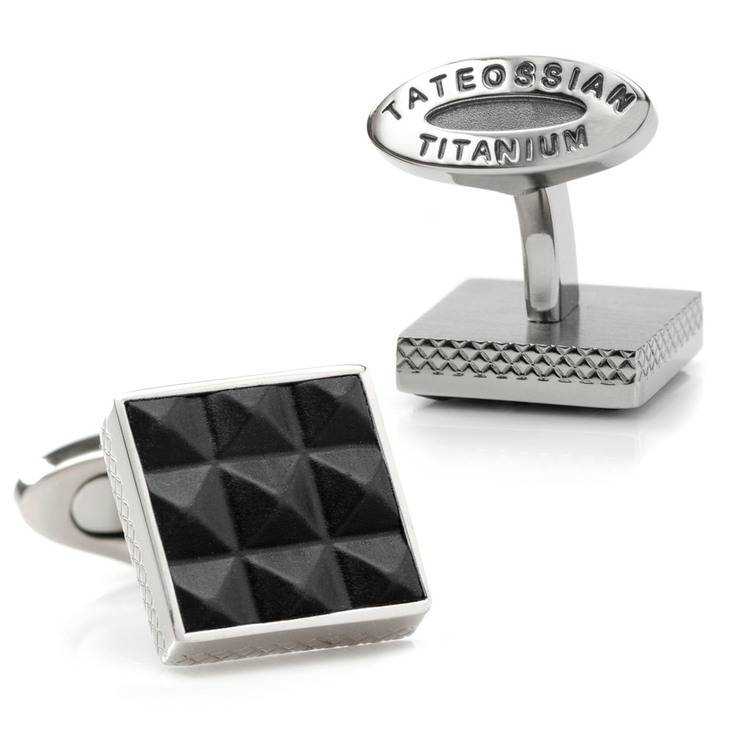 The Pyramids Leather and Titanium Cufflinks by Cufflinks.com feature a silver border and black pyramid-patterned face—ideal for adding timeless elegance to any formal outfit.