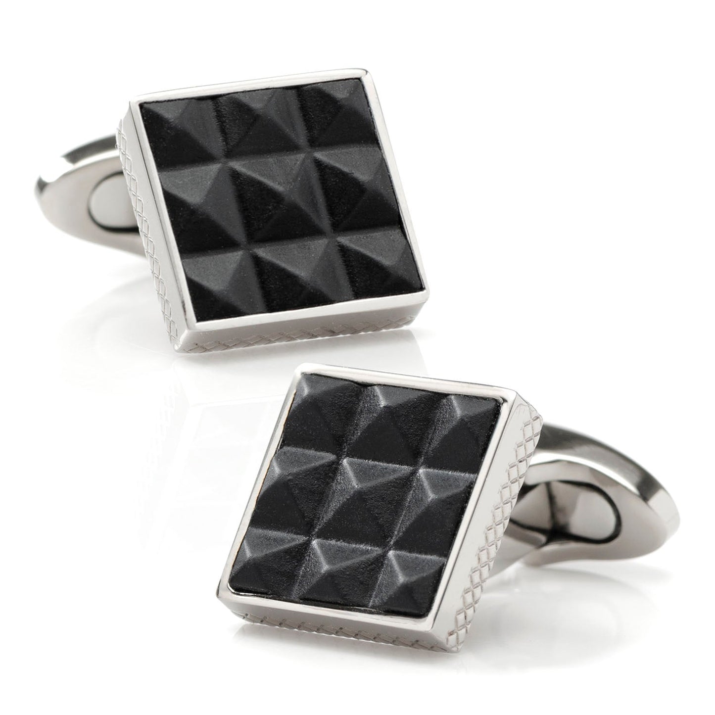 The Pyramids Leather and Titanium Cufflinks by Cufflinks.com feature a silver border and black pyramid-patterned face—ideal for adding timeless elegance to any formal outfit.