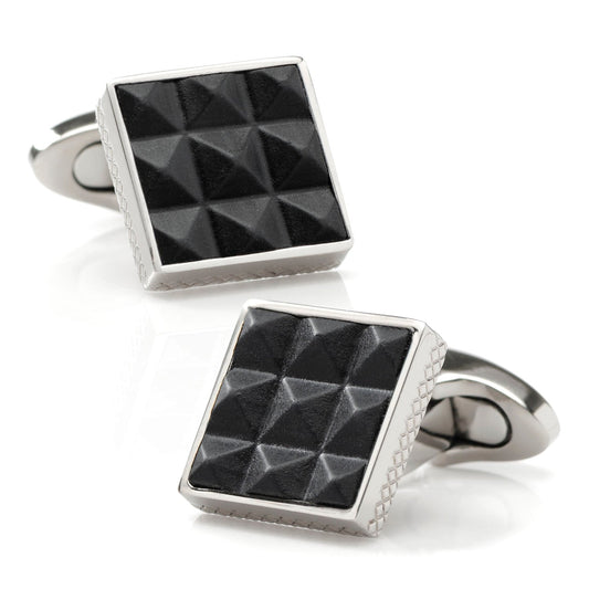 The Pyramids Leather and Titanium Cufflinks by Cufflinks.com feature a silver border and black pyramid-patterned face—ideal for adding timeless elegance to any formal outfit.