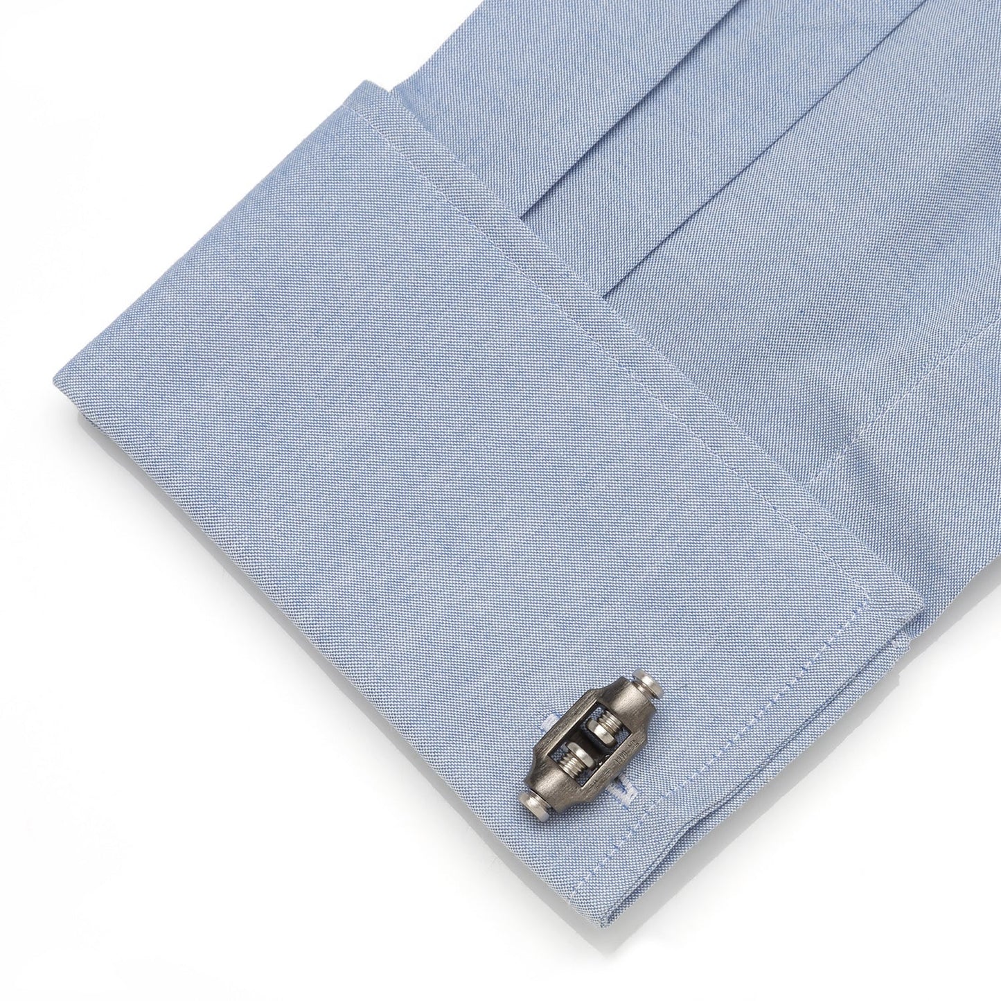 Double Bolt Silver Cufflinks in Black Rhodium by Cufflinks.com feature a bold, mechanical look with visible screws and cylindrical shapes, inspired by industrial metal components.