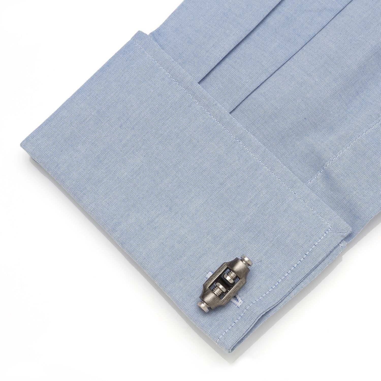 Double Bolt Silver Cufflinks in Black Rhodium by Cufflinks.com feature a bold, mechanical look with visible screws and cylindrical shapes, inspired by industrial metal components.