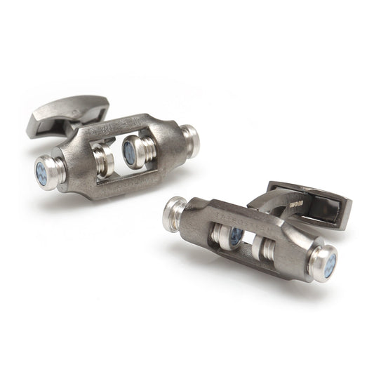Double Bolt Silver Cufflinks in Black Rhodium by Cufflinks.com feature a bold, mechanical look with visible screws and cylindrical shapes, inspired by industrial metal components.