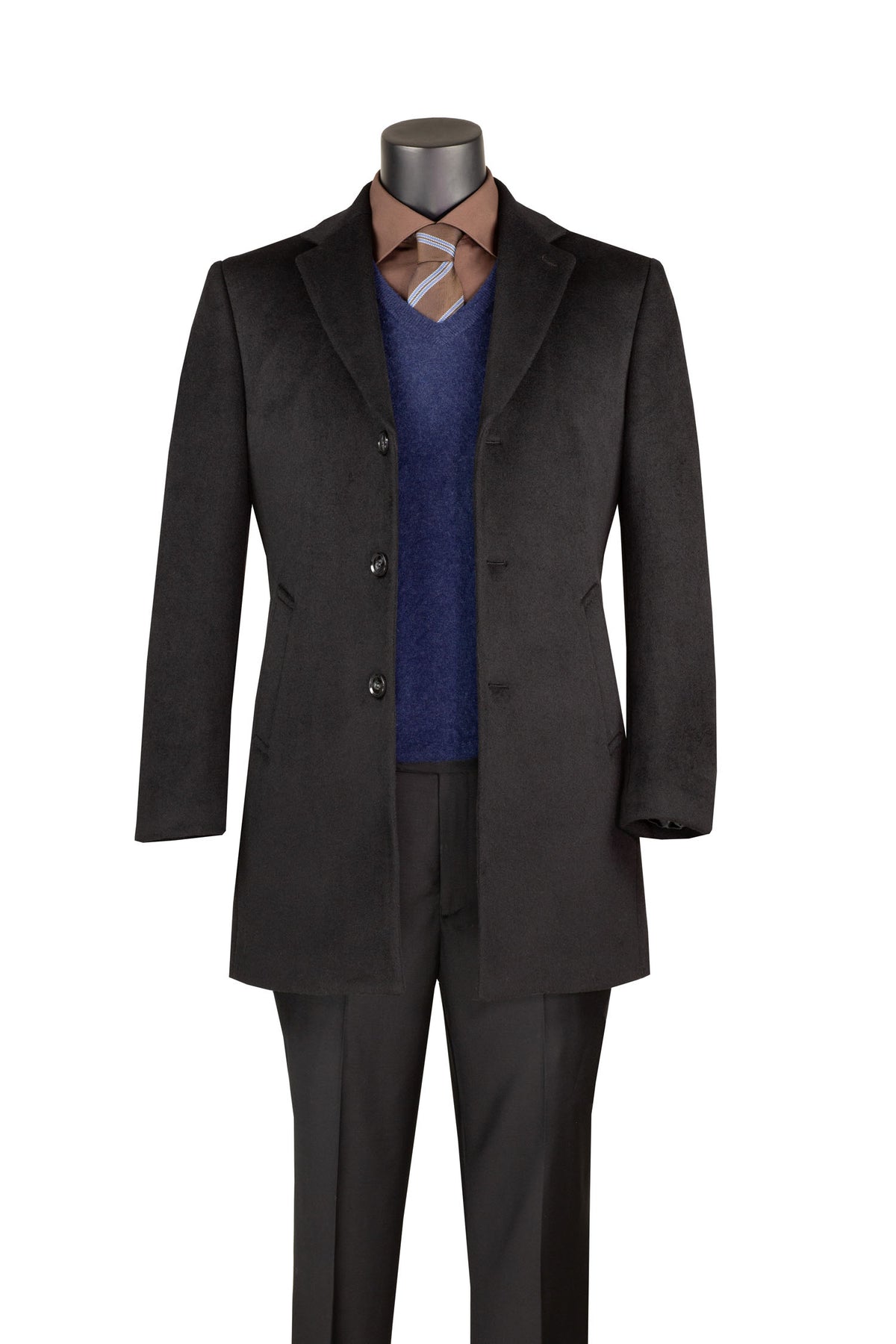 Mannequin wears Vinci Suits 34″ Black Winter Top Coat CM34, brown dress shirt, blue v-neck sweater, striped tie, and black dress pants on white background.