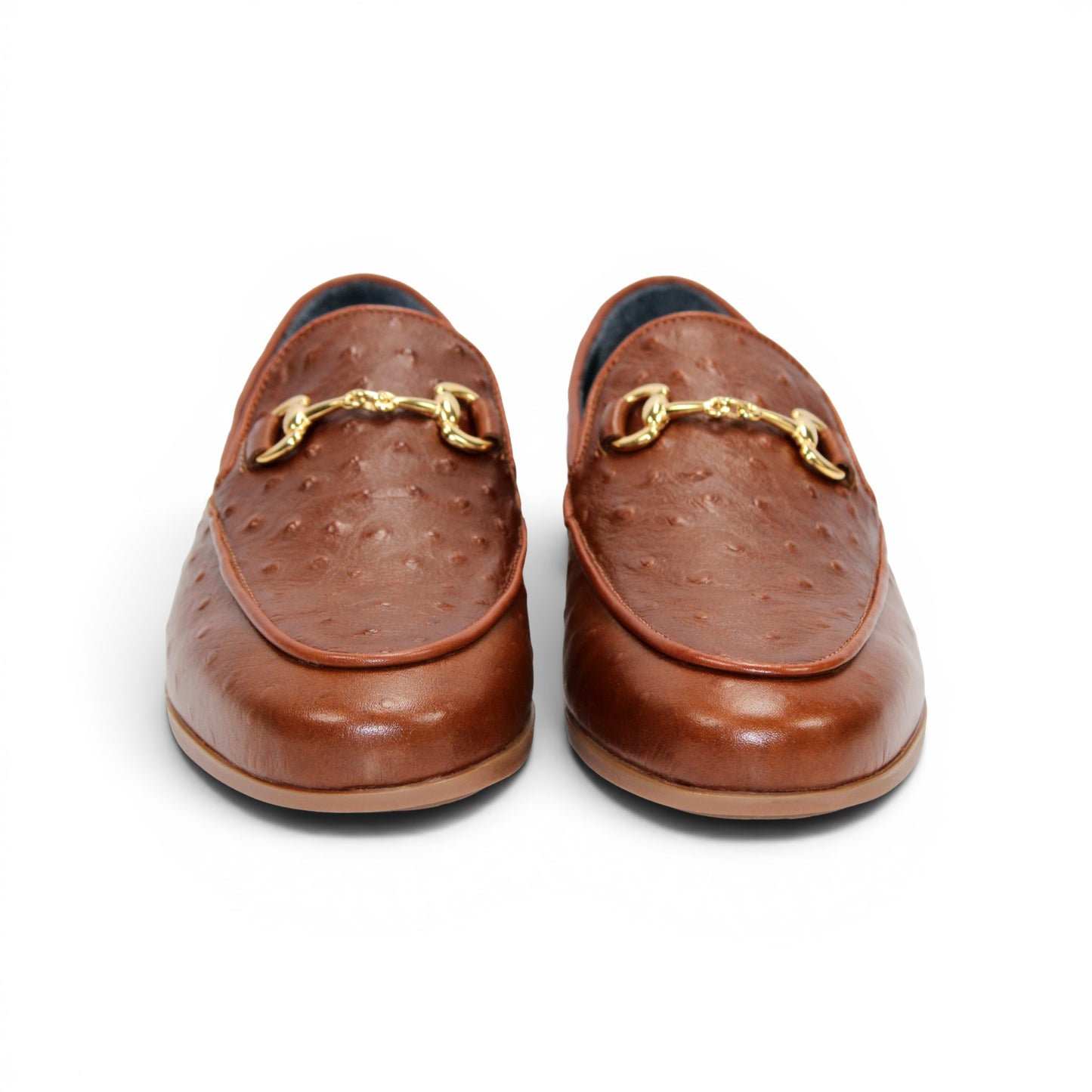 Duca Di Matiste's Duca Cortona Cuoio is a brown leather loafer featuring a gold metal bit detail and Stampa Struzzo ostrich-textured pattern, presented in a side profile against a white background—a refined showcase of luxury Italian footwear.