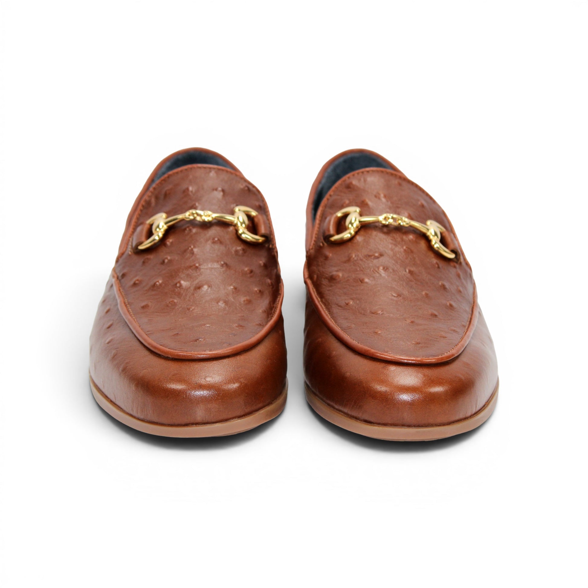 Duca Di Matiste's Duca Cortona Cuoio is a brown leather loafer featuring a gold metal bit detail and Stampa Struzzo ostrich-textured pattern, presented in a side profile against a white background—a refined showcase of luxury Italian footwear.
