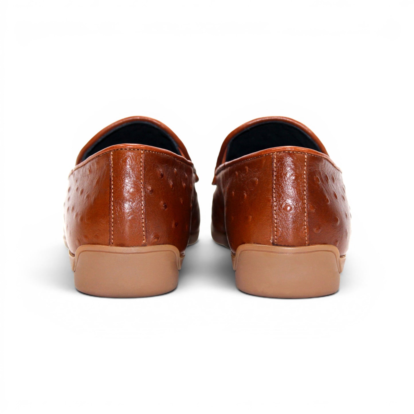 Duca Di Matiste's Duca Cortona Cuoio is a brown leather loafer featuring a gold metal bit detail and Stampa Struzzo ostrich-textured pattern, presented in a side profile against a white background—a refined showcase of luxury Italian footwear.