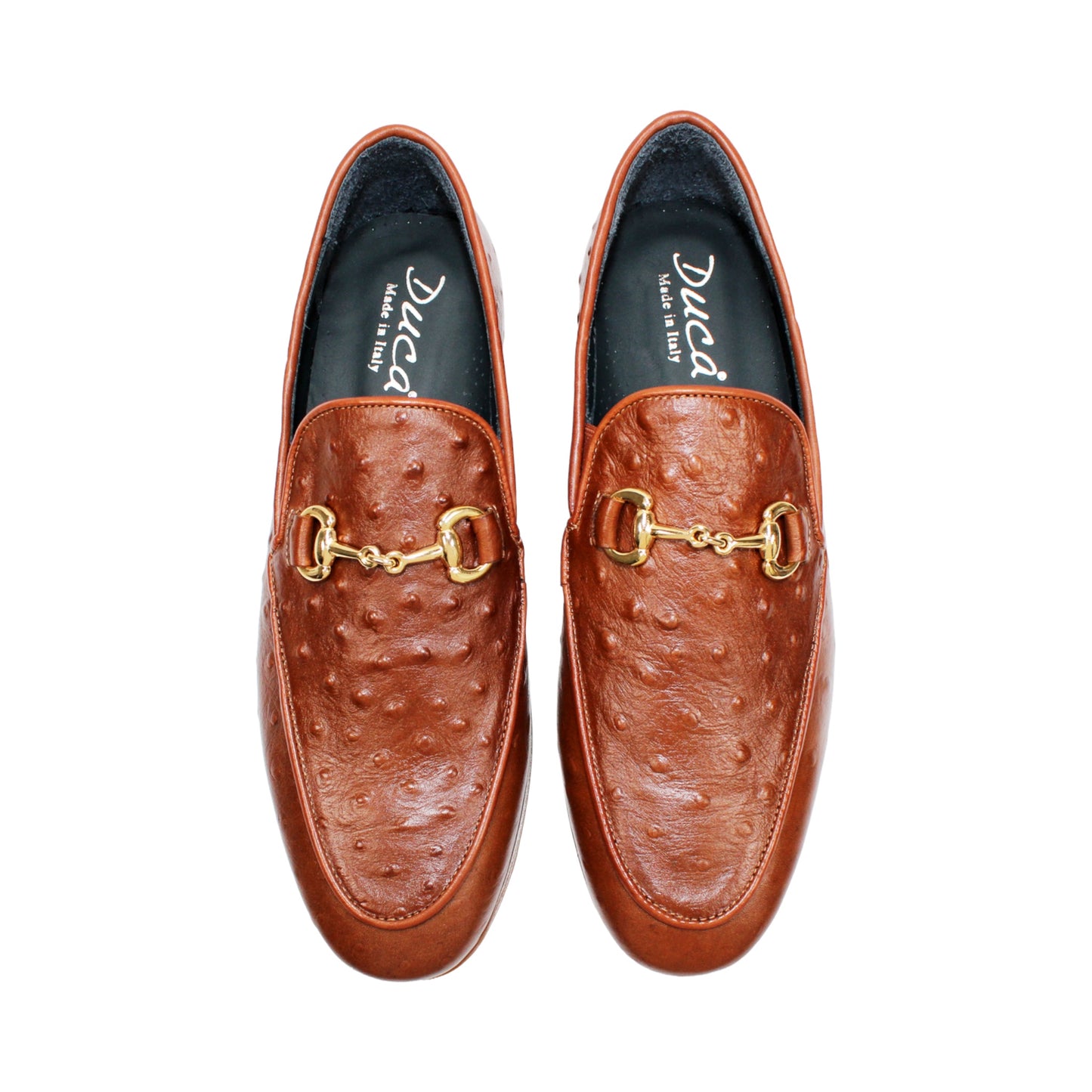 Duca Di Matiste's Duca Cortona Cuoio is a brown leather loafer featuring a gold metal bit detail and Stampa Struzzo ostrich-textured pattern, presented in a side profile against a white background—a refined showcase of luxury Italian footwear.