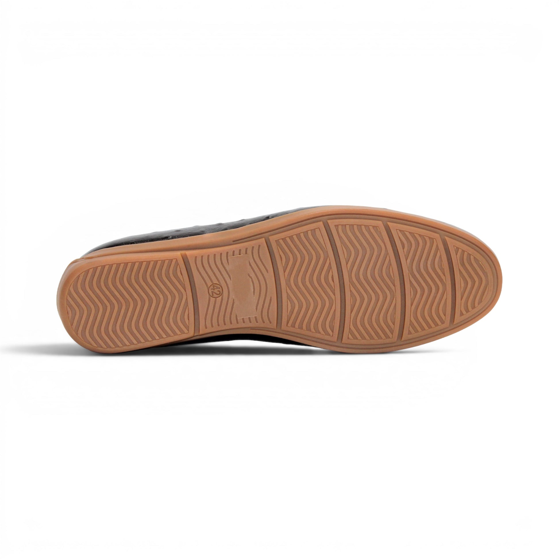 The Duca Cortona Black by Duca Di Matiste is a black Stampa Struzzo leather loafer, crafted in the style of a classic Italian shoe, featuring a silver buckle detail and a light brown rubber sole. Shown in profile on a white background, this refined design is an excellent choice for luxury footwear enthusiasts.