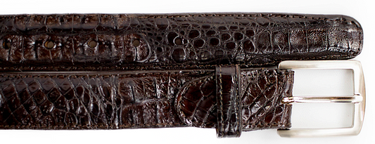 The BELVEDERE Belvedere Caiman Belt Brown 1999, featuring genuine dark brown Caiman Crocodilus-patterned leather and a silver buckle, is displayed flat on a white background.