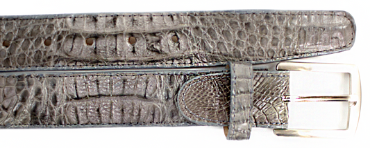 A close-up of the BELVEDERE Belvedere Caiman Belt Gray 1999, featuring a gray crocodilus-patterned leather and a silver buckle with an adjustable design.