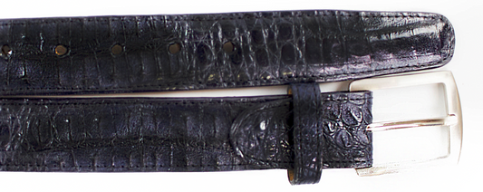 The BELVEDERE Belvedere Caiman Belt Navy 1999, crafted from textured Caiman Crocodilus leather with a silver buckle, is showcased against a white background to highlight its refined navy style and adjustable design.