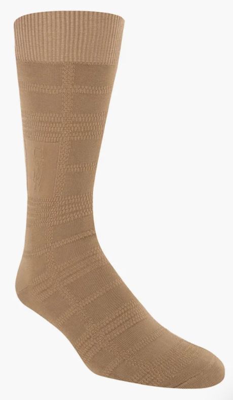 Product Description: The Stacy Adams Tonal Plaid Camel Dress Sock by ORIGINS is a single tan crew sock featuring a ribbed cuff and a subtle textured plaid pattern, designed to comfortably fit men's sizes 8-13, and is showcased against a plain background.