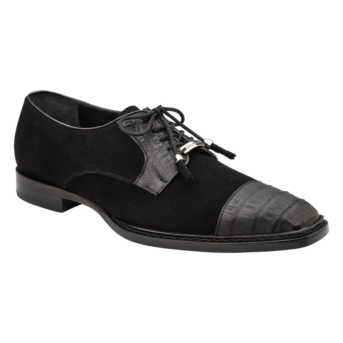 The BELVEDERE Capitano R103 is a black dress shoe featuring genuine oiled caiman crocodile leather at the cap toe, Italian suede upper, lace-up closure, and sleek leather sole, shown in side profile against a white background.