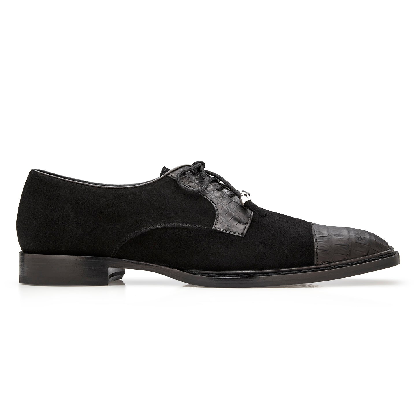 The BELVEDERE Capitano R103 is a black dress shoe featuring genuine oiled caiman crocodile leather at the cap toe, Italian suede upper, lace-up closure, and sleek leather sole, shown in side profile against a white background.