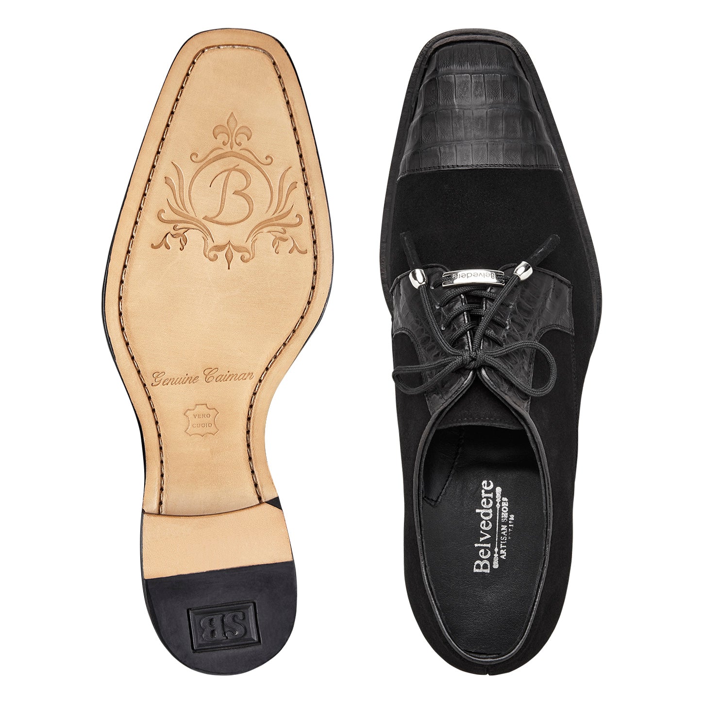 The BELVEDERE Capitano R103 is a black dress shoe featuring genuine oiled caiman crocodile leather at the cap toe, Italian suede upper, lace-up closure, and sleek leather sole, shown in side profile against a white background.