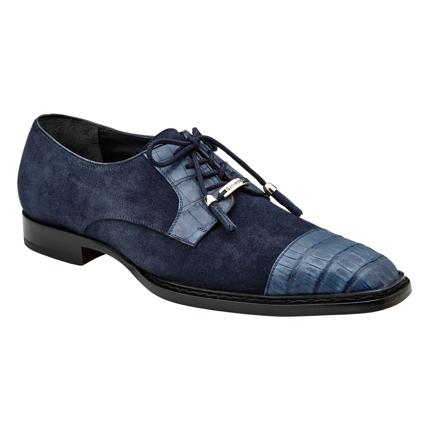 The BELVEDERE Belvedere - Capitano is a navy genuine oiled caiman crocodile dress shoe (R103) featuring a textured leather cap toe, lace-up closure, low black heel, and refined leather sole.