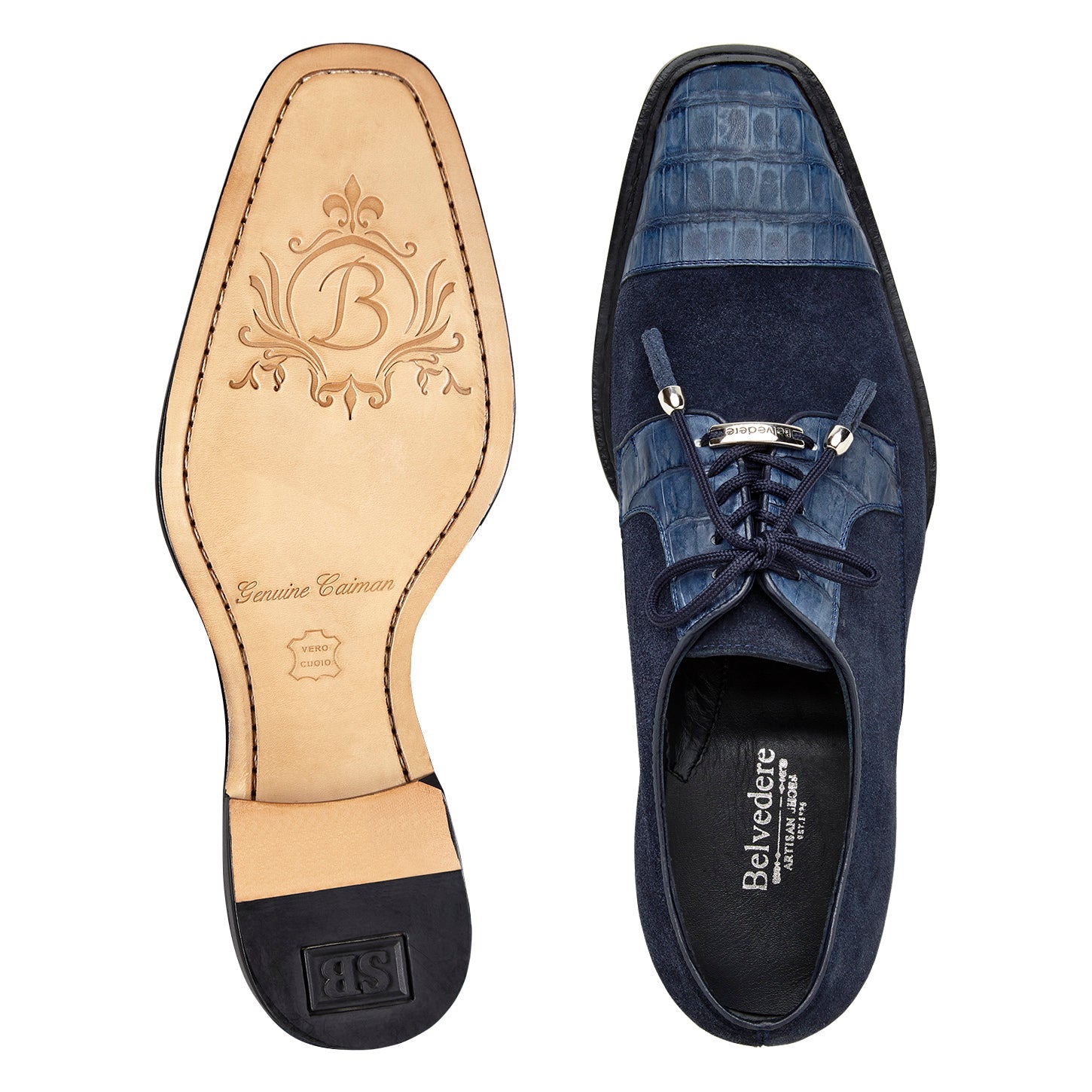 The BELVEDERE Belvedere - Capitano is a navy genuine oiled caiman crocodile dress shoe (R103) featuring a textured leather cap toe, lace-up closure, low black heel, and refined leather sole.