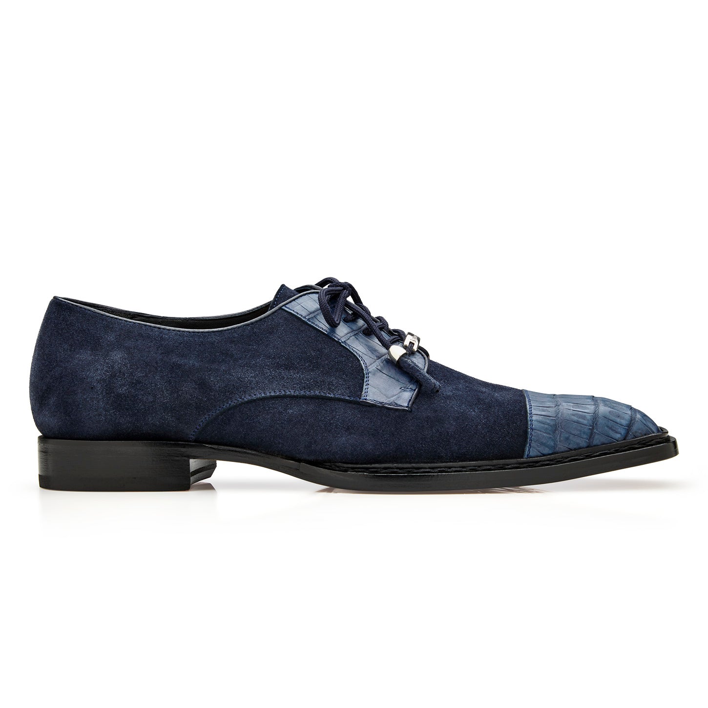 The BELVEDERE Belvedere - Capitano is a navy genuine oiled caiman crocodile dress shoe (R103) featuring a textured leather cap toe, lace-up closure, low black heel, and refined leather sole.