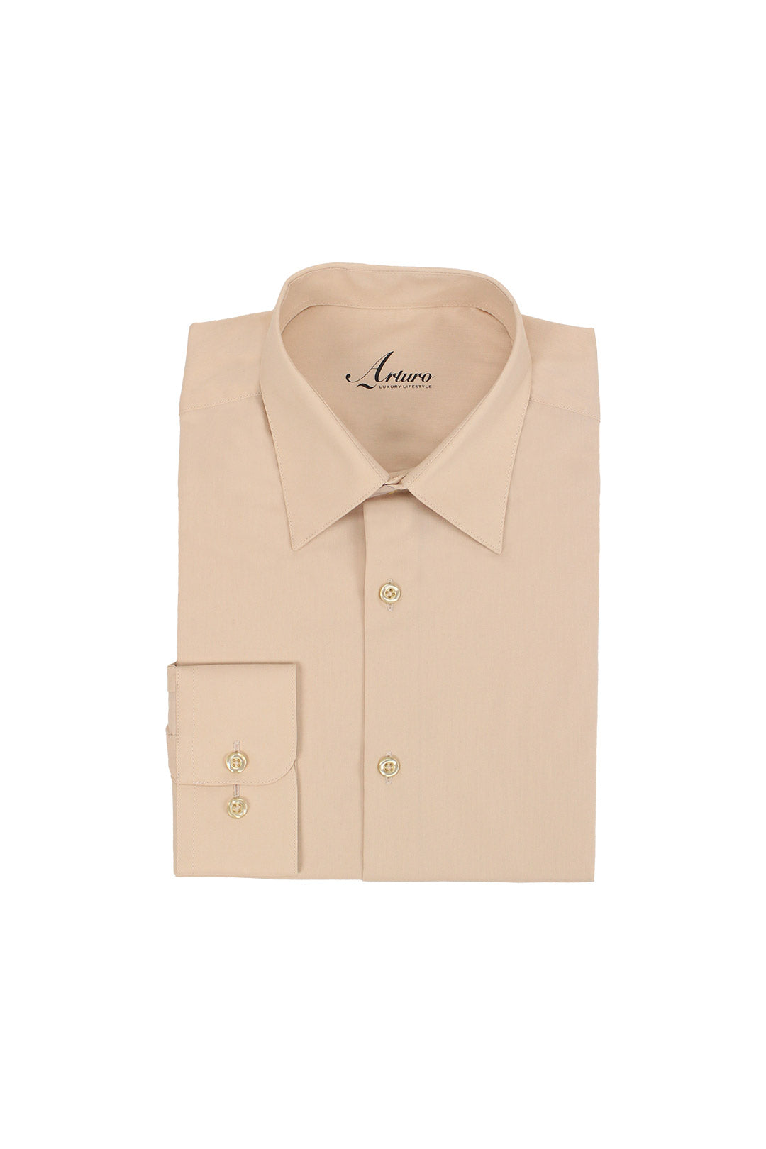 The Arturo ARTURO Modern Fit Long Sleeve Champagne Dress Shirt, made from a cotton blend, features a folded collar and buttoned cuffs, and is neatly folded on a white background.