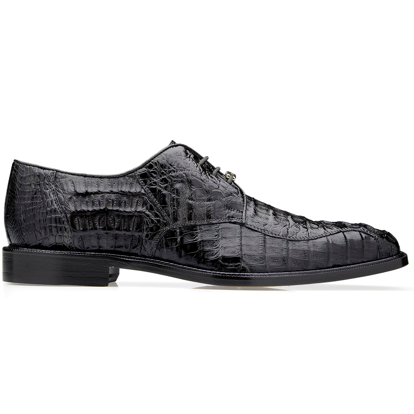The Belvedere Chapo 1465 is a genuine hornback caiman leather men's dress shoe in black, featuring laces, a low heel, and textured pattern—shown in side profile for an elegant look.