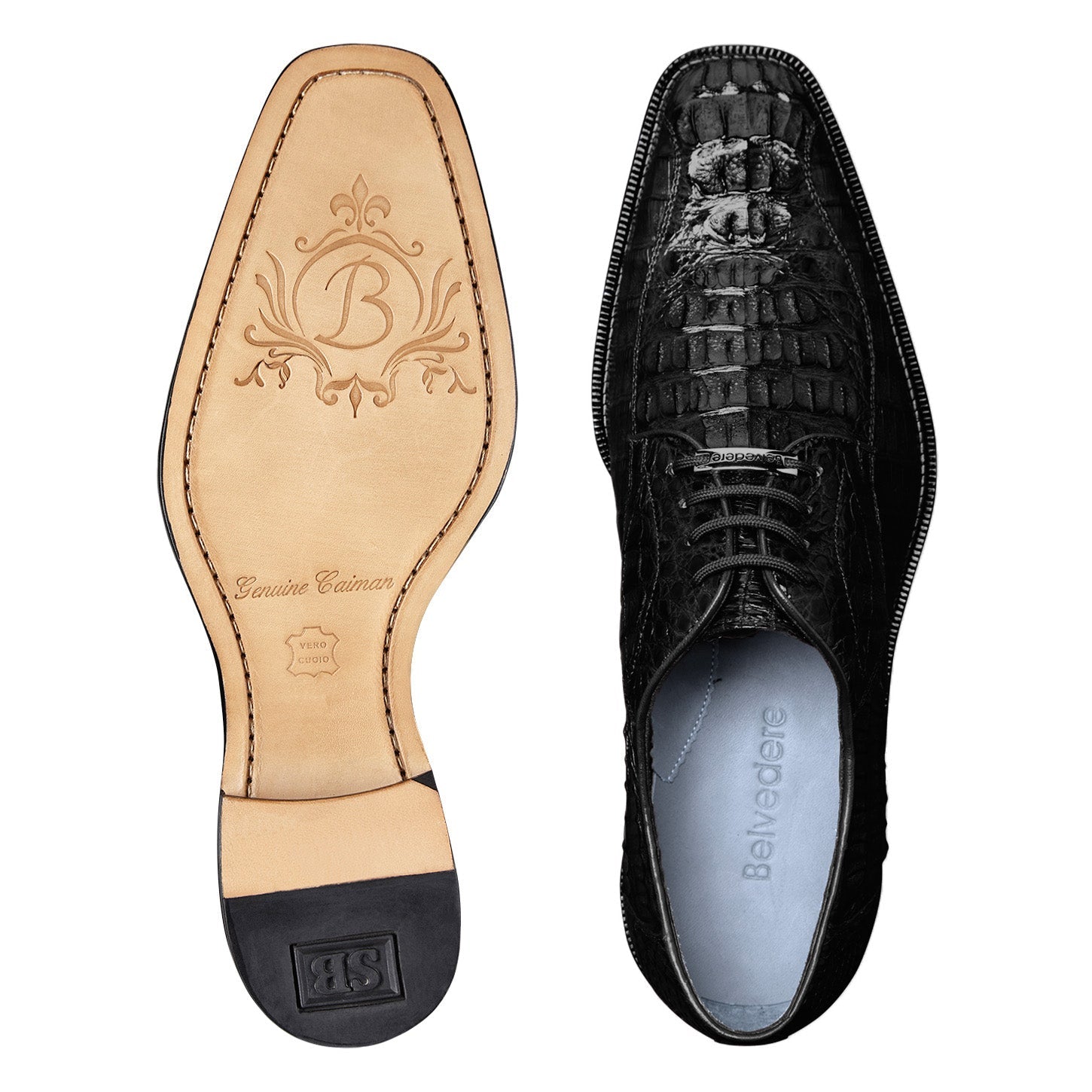 The Belvedere Chapo 1465 is a genuine hornback caiman leather men's dress shoe in black, featuring laces, a low heel, and textured pattern—shown in side profile for an elegant look.