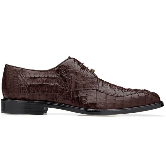 The BELVEDERE Chapo 1465 is a genuine brown Hornback Caiman dress shoe with a low black heel, cushioned insole, and lace-up closure, shown in profile against a white background.