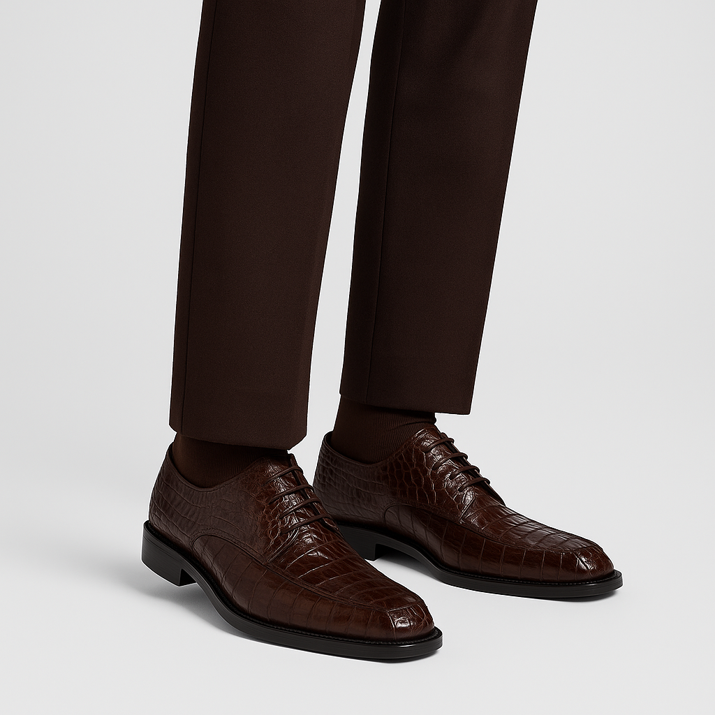 The BELVEDERE Chapo 1465 is a genuine brown Hornback Caiman dress shoe with a low black heel, cushioned insole, and lace-up closure, shown in profile against a white background.