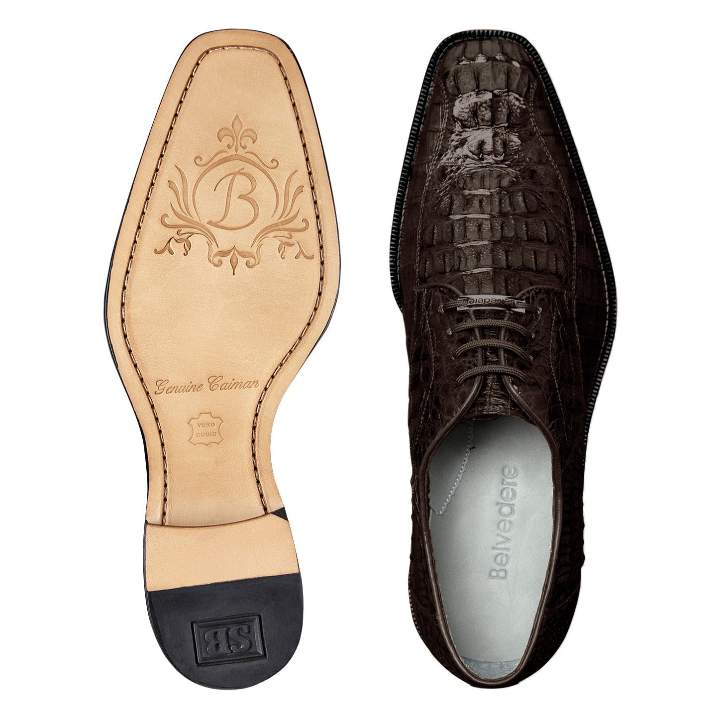 The BELVEDERE Chapo 1465 is a genuine brown Hornback Caiman dress shoe with a low black heel, cushioned insole, and lace-up closure, shown in profile against a white background.