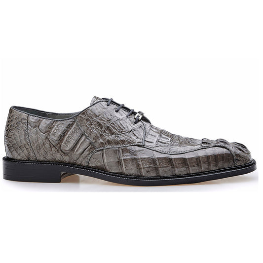 The BELVEDERE Chapo is a gray Genuine Hornback Caiman dress shoe (1465) featuring a crocodile pattern, low heel, lace-up closure, and cushioned insole, shown in side profile against a white background.