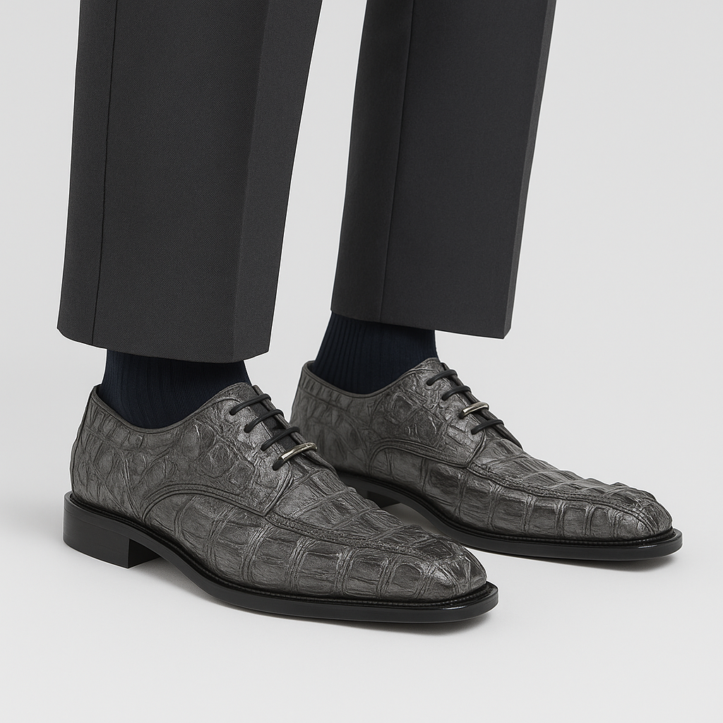 The BELVEDERE Chapo is a gray Genuine Hornback Caiman dress shoe (1465) featuring a crocodile pattern, low heel, lace-up closure, and cushioned insole, shown in side profile against a white background.