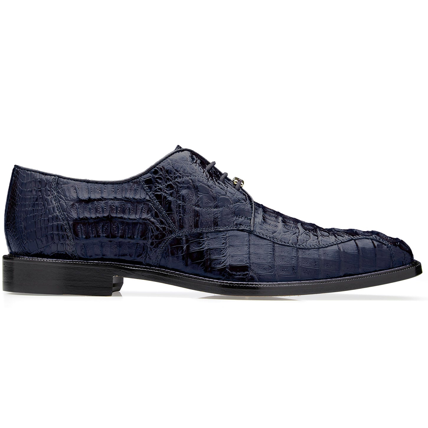 The BELVEDERE Chapo, Genuine Hornback Caiman Dress Shoe in Navy (1465), for men, features a slight heel and lace-up closure, displayed in a side profile view.