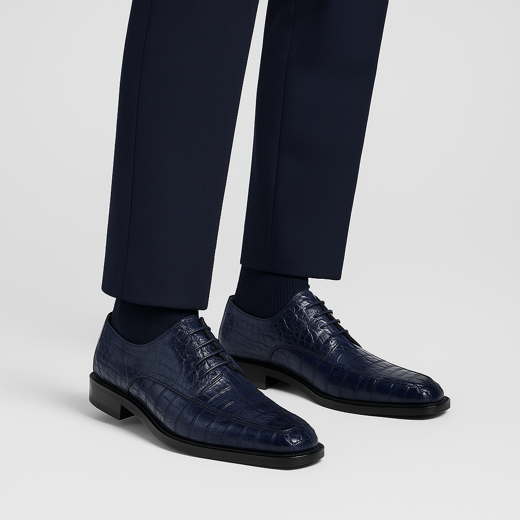 The BELVEDERE Chapo, Genuine Hornback Caiman Dress Shoe in Navy (1465), for men, features a slight heel and lace-up closure, displayed in a side profile view.