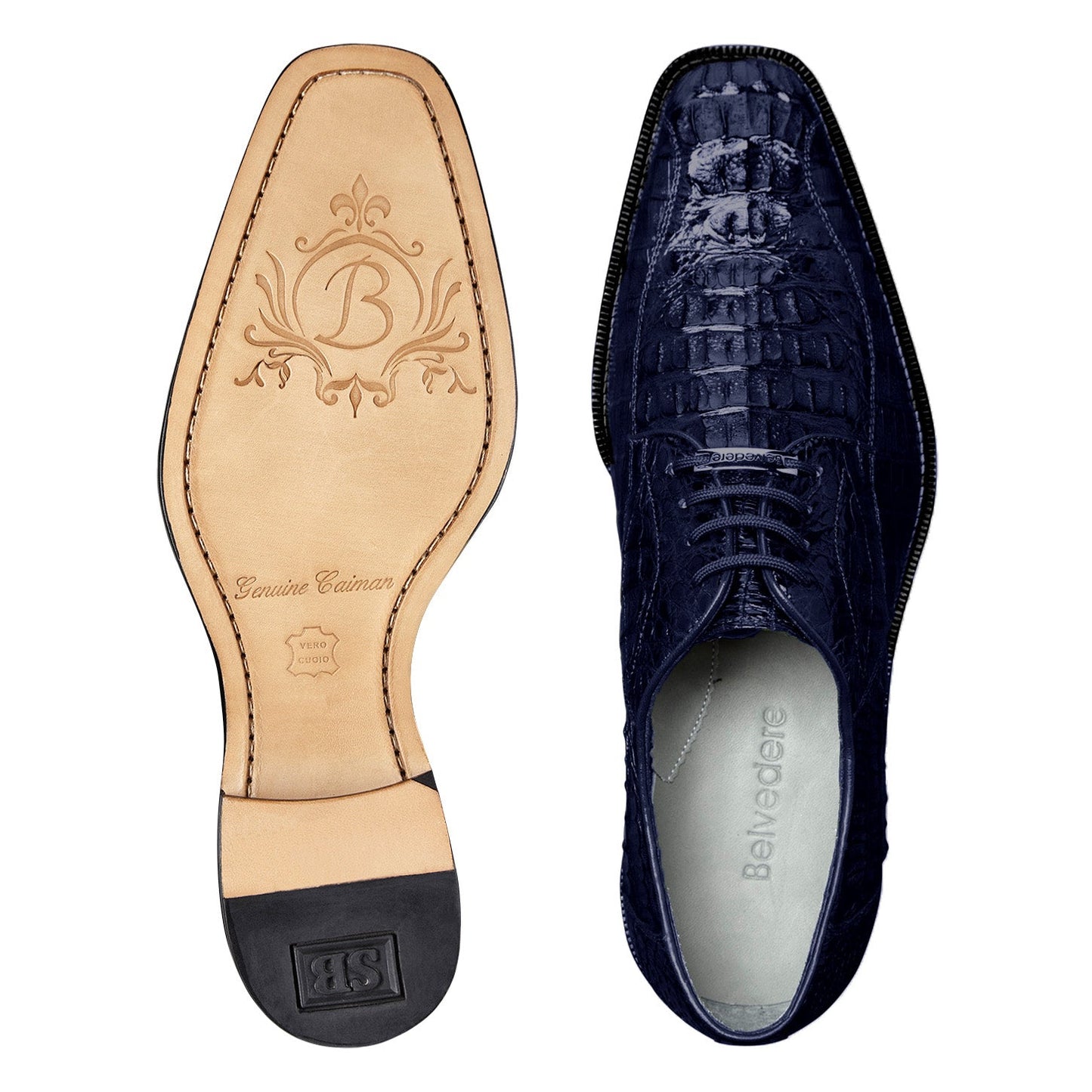 The BELVEDERE Chapo, Genuine Hornback Caiman Dress Shoe in Navy (1465), for men, features a slight heel and lace-up closure, displayed in a side profile view.
