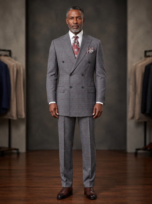 A man in a gray Tiglio Luxe PISTOIA Modern Fit Double Breasted Suit TL9172 by Tiglio stands on a wooden floor in a formal setting, surrounded by clothing racks and suits. His Italian-made Super 150’s wool suit showcases timeless craftsmanship and refined style.