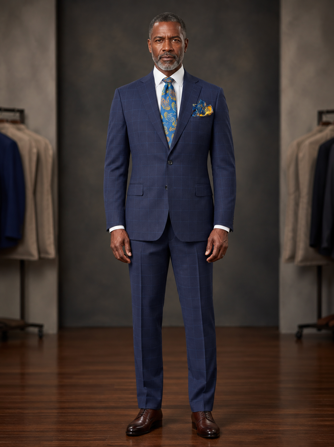 A close-up of the Tiglio Luxe Dolcetto Modern Fit Wool Suit TL7077 showcases a dark navy plaid jacket tailored from pure wool, paired with a blue and gold paisley tie and a matching pocket square in the breast pocket—an elegant expression of luxury menswear from Tiglio Luxe, inspired by the tradition of Italian suits.