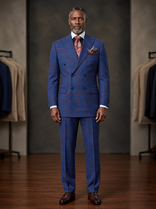 A Tiglio Luxe PISTOIA Modern Fit Double Breasted Suit (TL8074) in navy blue plaid, styled with a black shirt, red paisley tie, and matching pocket square.