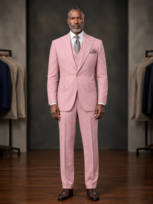 The Tiglio Rosso Orvietto Semi Wide Leg Rouge/Tan Windowpane TL8300, a three-piece suit featuring a blazer, matching vest, and semi wide leg fit pants in a pink plaid pattern, is displayed on a plain white background.