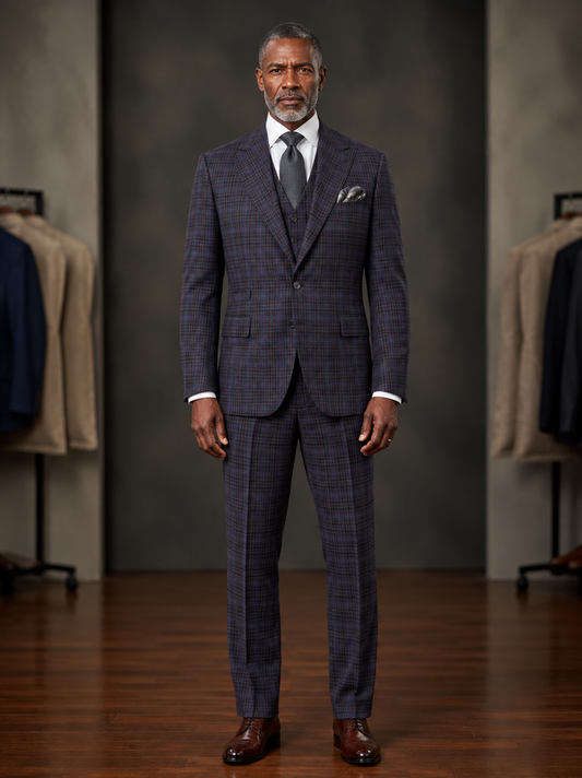 The Tiglio Rosso Orvietto Semi Wide Leg Eggplant/Black Check TL7522 men’s suit, available in size 50R only and final sale, features a single-breasted jacket and matching semi wide leg trousers in an eggplant and black check pattern, displayed on a white background.