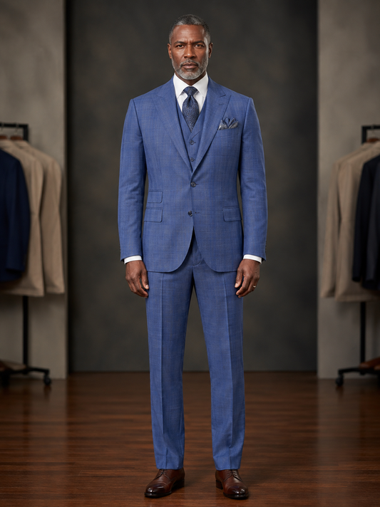 A Tiglio Luxe Prosecco Modern Fit TL6069 men’s business suit in blue plaid, available in sizes 48R and 52L only (final sale), showcases a luxury tailored style with a blazer, waistcoat, and pants, all displayed on a white background.