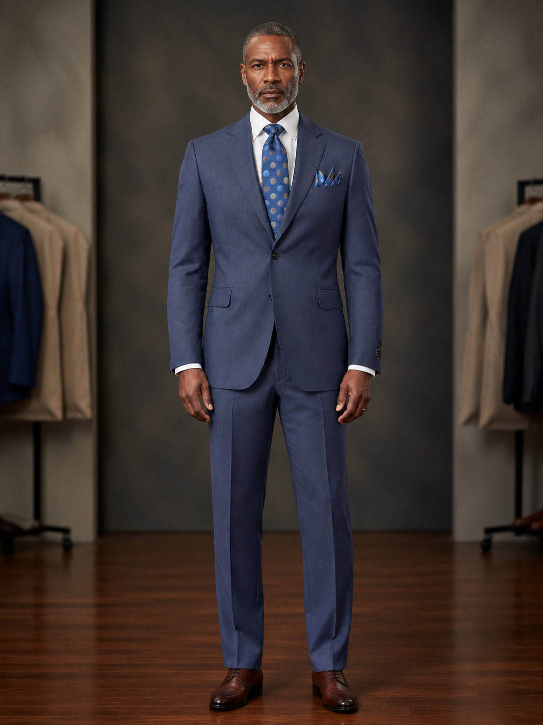 A mannequin dressed in the Tiglio Luxe Dolcetto Modern Fit Navy Fancy Pinstripe Wool Suit TL8107 by Tiglio Luxe, paired with a crisp white dress shirt, a blue polka dot tie, and a coordinating pocket square, posed against a plain light-colored background, exemplifies the refined elegance of tailored men’s clothing.