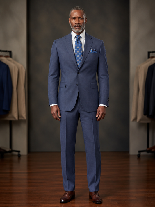 A mannequin dressed in the Tiglio Luxe Dolcetto Modern Fit Navy Fancy Pinstripe Wool Suit TL8107 by Tiglio Luxe, paired with a crisp white dress shirt, a blue polka dot tie, and a coordinating pocket square, posed against a plain light-colored background, exemplifies the refined elegance of tailored men’s clothing.