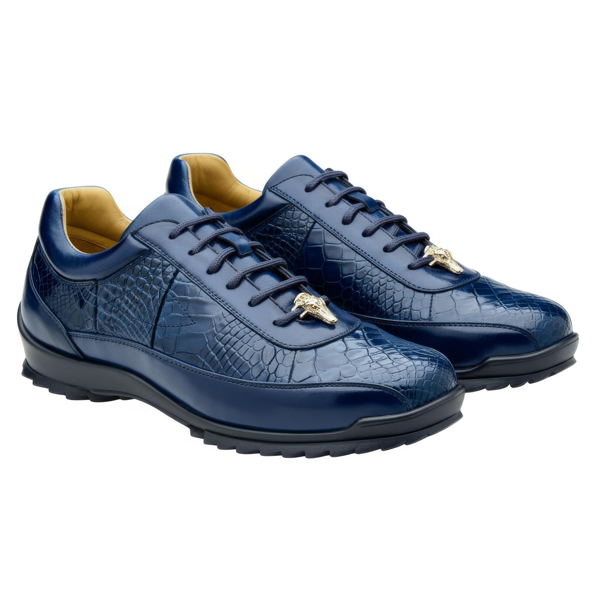 Belvedere - Coda, Genuine American Alligator Sneaker - Indigo Blue - Y43 in indigo blue genuine alligator with matching laces and a black lugged sole.